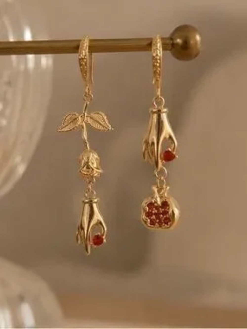 Aurelia Rose & Heart Gold Earrings with Crimson Crystal